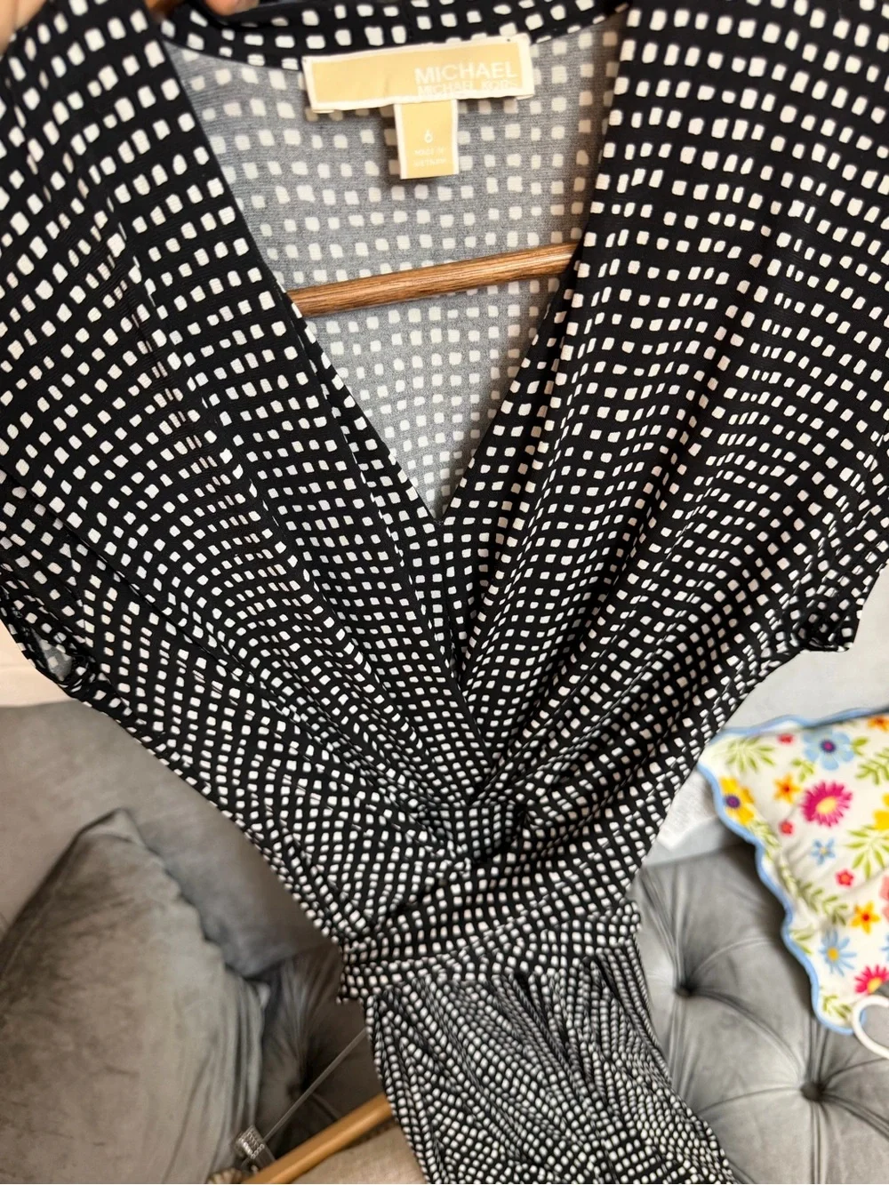 Michael Kors Black and White Dotted Wrap Midi Dress